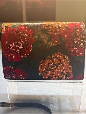Patricia Nash Black Crossbody with Red and Orange Floral Pixel Print